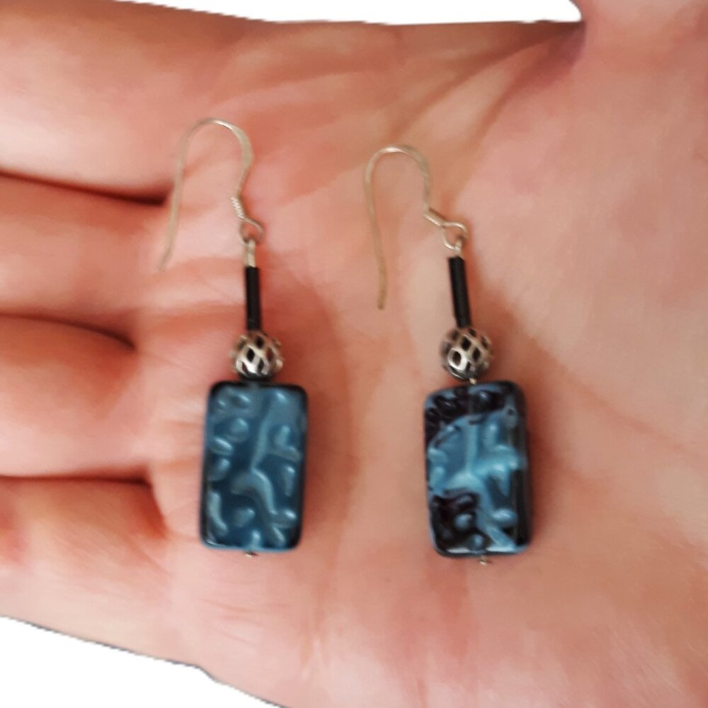Vintage Embossed Glass Block Pierced Marble Stonehenge Design Earrings